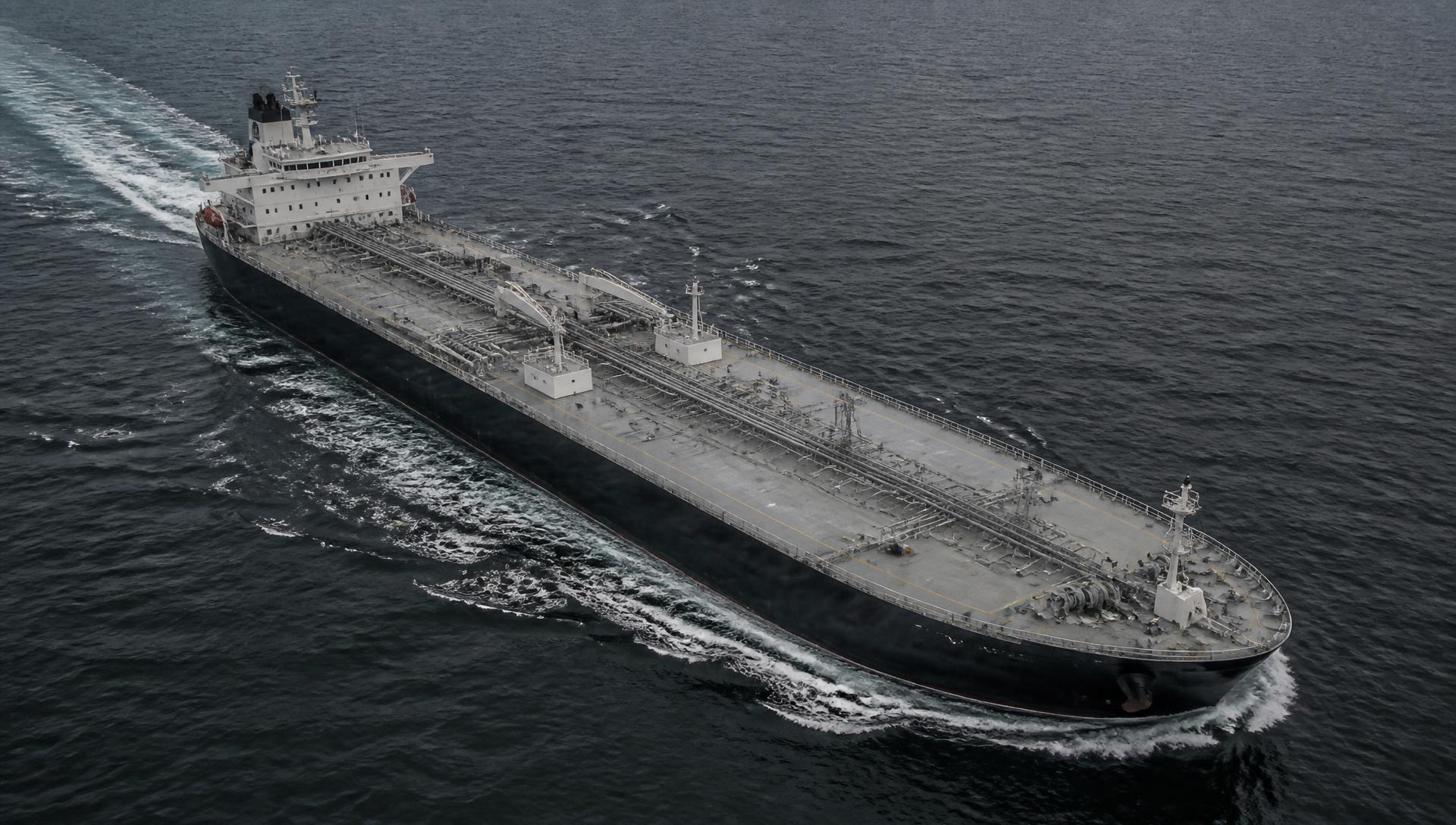 Aerial view of an unmarked chemical tanker under way on open sea